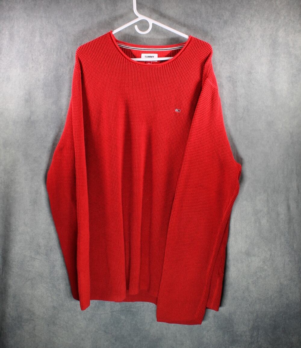 Tommy Jeans Red Heavy Knit Crewneck Sweater Mens XXL 2XL Vintage Style Cotton